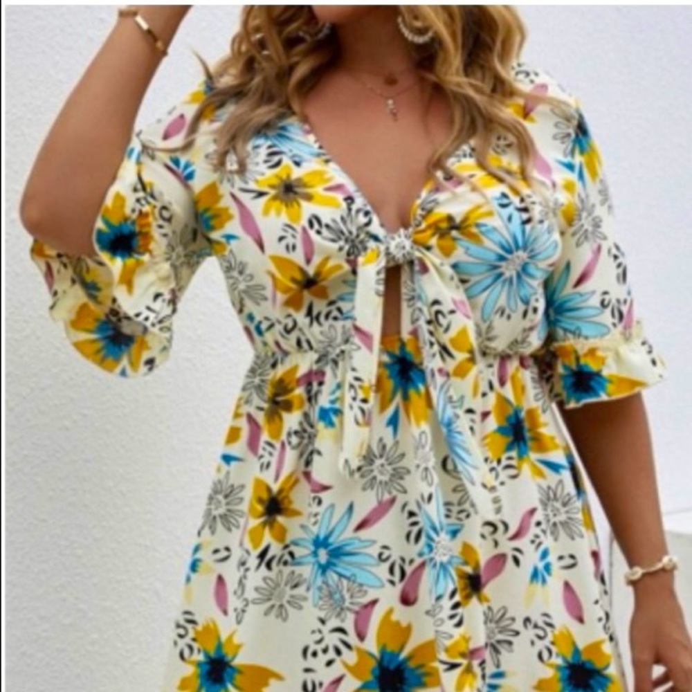 Shrink Curve Sexy Floral, Tie Front, Ruffles Around Sleeves and Hem, Mini Dress